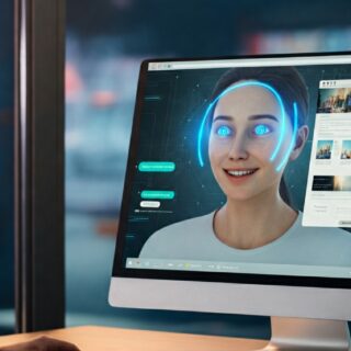 Ein futuristischer Computerbildschirm zeigt einen freundlichen digitalen Assistenten mit blau leuchtenden Augen, der in Echtzeit mit einem Benutzer interagiert. Im Hintergrund eine moderne Arbeitsumgebung mit offenen Browserfenstern und einer geschäftigen Stadtansicht.