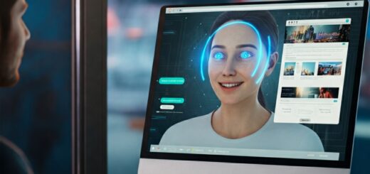 Ein futuristischer Computerbildschirm zeigt einen freundlichen digitalen Assistenten mit blau leuchtenden Augen, der in Echtzeit mit einem Benutzer interagiert. Im Hintergrund eine moderne Arbeitsumgebung mit offenen Browserfenstern und einer geschäftigen Stadtansicht.