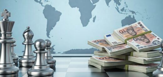 Bild, das die Spieltheorie mit Schachfiguren symbolisiert. Füge dem Spielbrett Geldscheine und eine Landkarte im hintergrund