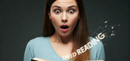 Nahaufnahme der Hände einer Person, die ein Buch hält. Einzelne Wörter fliegen von der Seite und symbolisieren Speed Reading. Die Person hat einen überraschten Gesichtsausdruck.