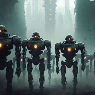 Eine Kolonne von Robotern marschiert durch eine düstere, verlassene Stadtstraße. Gebäude ragen in den smogverhangenen Himmel. Einige Roboter weisen sichtbare Schäden auf.