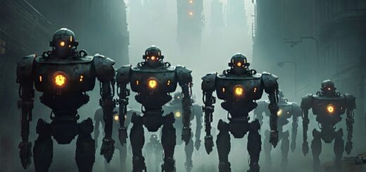 Eine Kolonne von Robotern marschiert durch eine düstere, verlassene Stadtstraße. Gebäude ragen in den smogverhangenen Himmel. Einige Roboter weisen sichtbare Schäden auf.