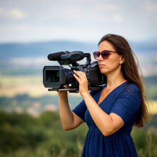 Ein Bild einer Frau im Blauen Kleid mit langen braunen Haaren und Sonenbrille, die eine professionelle Videokamera hält und eine Landschaft filmt. Die Kamera ist schwer und sie sieht konzentriert aus. Szene in Frankreich, Hohe Qualität, Weitwinkel und hyper realistisch