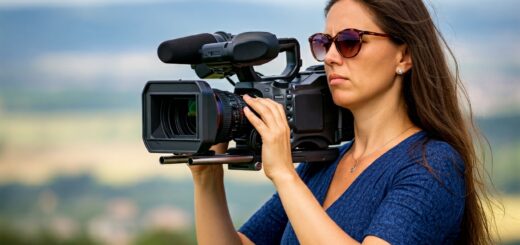 Ein Bild einer Frau im Blauen Kleid mit langen braunen Haaren und Sonenbrille, die eine professionelle Videokamera hält und eine Landschaft filmt. Die Kamera ist schwer und sie sieht konzentriert aus. Szene in Frankreich, Hohe Qualität, Weitwinkel und hyper realistisch