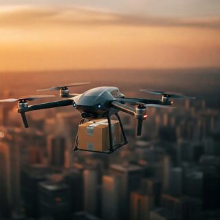 Eine Drohne liefert ein Paket in einer geschäftigen Stadt bei Sonnenuntergang.