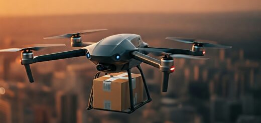 Eine Drohne liefert ein Paket in einer geschäftigen Stadt bei Sonnenuntergang.