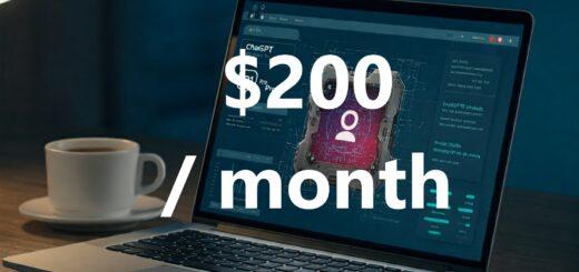 Ein Laptop mit der Benutzeroberfläche von ChatGPT Pro, umgeben von Datenvisualisierungen und Codeschnipseln, die die Leistungsfähigkeit und den Fokus auf Produktivität darstellen.