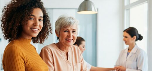 Zwei Frauen, eine jüngere und eine ältere, stehen mit Smartphones in der Hand an einem hellen Empfangstresen in einer Arztpraxis. Zwei Arzthelferinnen in weißen Kitteln stehen hinter dem Tresen.