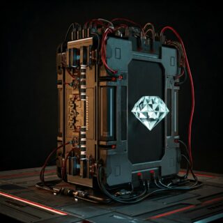 Eine fotorealistische Darstellung einer Diamantbatterie in einer futuristischen Umgebung. Die Batterie ist aus einem großen, klaren Diamanten gefertigt und wird von einem komplexen Netzwerk aus Drähten und Kabeln umgeben. Die Batterie ist in einem futuristischen Raum mit glänzenden Oberflächen und Neonlichtern platziert.