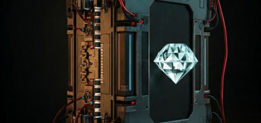 Eine fotorealistische Darstellung einer Diamantbatterie in einer futuristischen Umgebung. Die Batterie ist aus einem großen, klaren Diamanten gefertigt und wird von einem komplexen Netzwerk aus Drähten und Kabeln umgeben. Die Batterie ist in einem futuristischen Raum mit glänzenden Oberflächen und Neonlichtern platziert.