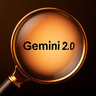 Nahaufnahme einer Lupe mit dem Text 'Gemini 2.0' im Fokus.