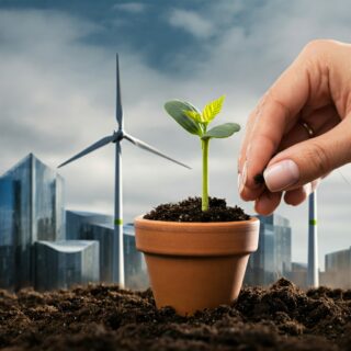 Eine Hand hält einen grünen Spross, der aus einem mit Erde gefüllten Topf wächst. Im Hintergrund ist eine Stadtlandschaft mit Windkraftanlagen zu sehen.