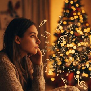 Ein stimmungsvolles Bild eines geschmückten Weihnachtsbaums mit warm leuchtenden Lichtern. Noten schweben wie von Zauberhand durch die Luft und unterstreichen die besinnliche Atmosphäre.