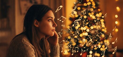 Ein stimmungsvolles Bild eines geschmückten Weihnachtsbaums mit warm leuchtenden Lichtern. Noten schweben wie von Zauberhand durch die Luft und unterstreichen die besinnliche Atmosphäre.