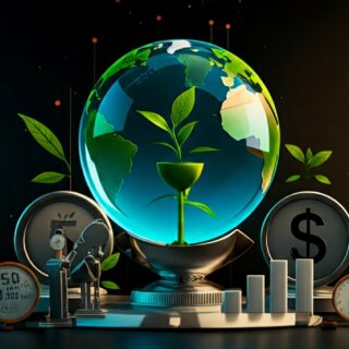 Grafik mit aufsteigenden grünen Pfeilen, die das Wachstum nachhaltiger Investmentfonds symbolisieren. Im Hintergrund sind Windräder und Solarpanele zu sehen.