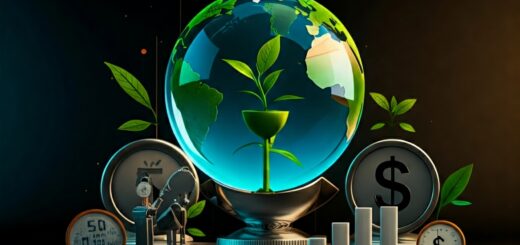 Grafik mit aufsteigenden grünen Pfeilen, die das Wachstum nachhaltiger Investmentfonds symbolisieren. Im Hintergrund sind Windräder und Solarpanele zu sehen.