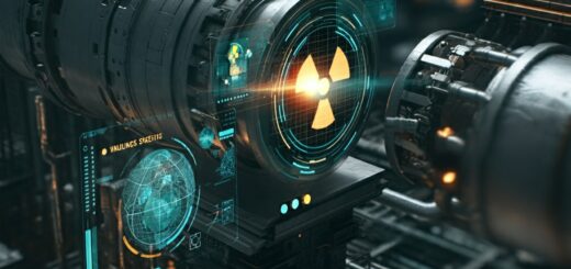 Ein hyperrealistisches Bild, das die Symbiose von Kernenergie und künstlicher Intelligenz darstellt. Elegante Linien futuristischer Maschinen verschmelzen mit glühenden Displays und komplexen Strukturen, die an einen Reaktorkern erinnern. Im Hintergrund verschwimmen die Konturen und erzeugen eine Atmosphäre von Tiefe und Komplexität.