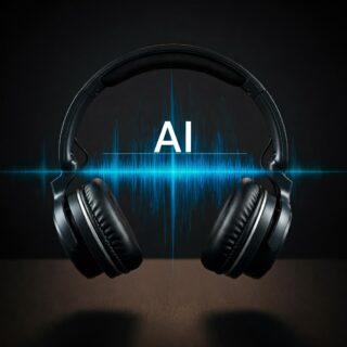 Bild von einem Kopfhörer, dazwischen sind Sinuswellen zu sehen, die Sound symbolisieren und der Schriftzug "KI"