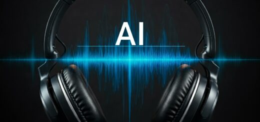 Bild von einem Kopfhörer, dazwischen sind Sinuswellen zu sehen, die Sound symbolisieren und der Schriftzug "KI"