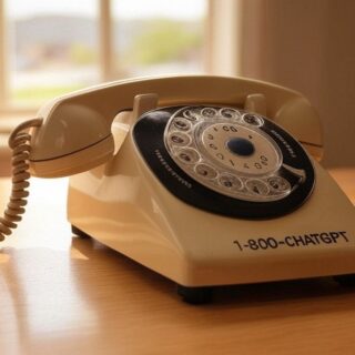 Ein altes Telefon mit Drehscheibe auf einem Hintergrund mit bunten, verspielten Mustern, die an die frühen 90er Jahre erinnern. Darunter steht in großen, auffälligen Buchstaben die Nummer: 1-800-CHATGPT
