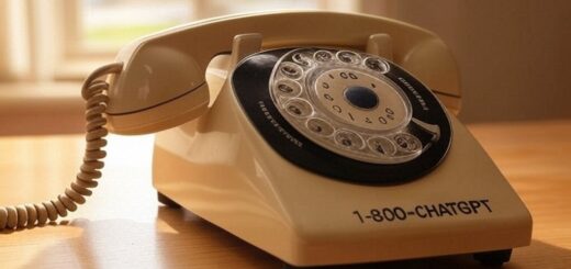 Ein altes Telefon mit Drehscheibe auf einem Hintergrund mit bunten, verspielten Mustern, die an die frühen 90er Jahre erinnern. Darunter steht in großen, auffälligen Buchstaben die Nummer: 1-800-CHATGPT