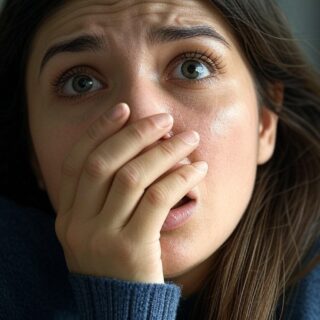 Eine Frau mit weit aufgerissenen Augen und erschrockenem Gesichtsausdruck hält sich die Hand vor den Mund, als ob sie einen Schrei unterdrücken möchte.