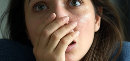 Eine Frau mit weit aufgerissenen Augen und erschrockenem Gesichtsausdruck hält sich die Hand vor den Mund, als ob sie einen Schrei unterdrücken möchte.