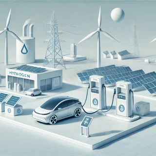 Darstellung einer Wasserstofftankstelle mit Wasserstoffauto, Windrädern, Solarpaneelen und Wasserstoffspeicher im Hintergrund.