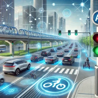 Futuristische Stadtkreuzung mit KI-gesteuerten Ampeln, effizientem Verkehrsfluss, Autos, Fahrrädern und Fußgängern in einer nachhaltigen Stadtumgebung.