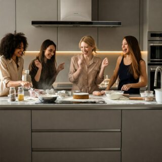 Vier Frauen backen gemeinsam in einer modernen Küche und haben sichtlich Spaß dabei. Sie lachen, tanzen und sind von Mehl bestäubt.