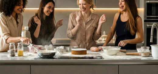 Vier Frauen backen gemeinsam in einer modernen Küche und haben sichtlich Spaß dabei. Sie lachen, tanzen und sind von Mehl bestäubt.