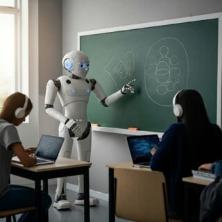 Humanoider Roboter erklärt Schüler*innen eine Aufgabe in einem digitalen Klassenzimmer.