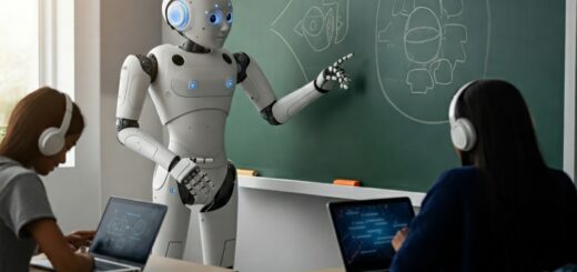 Humanoider Roboter erklärt Schüler*innen eine Aufgabe in einem digitalen Klassenzimmer.