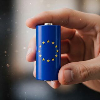 Eine Hand hält eine blaue Batterie mit der Europafahne darauf. Die Batterie ist ein Symbol für saubere Energie und Innovation in Europa.