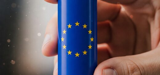 Eine Hand hält eine blaue Batterie mit der Europafahne darauf. Die Batterie ist ein Symbol für saubere Energie und Innovation in Europa.