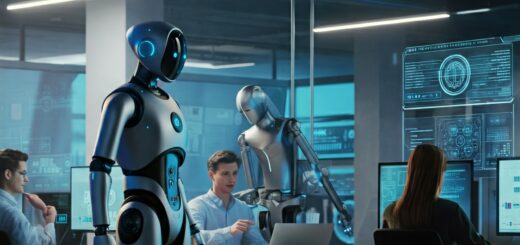 In einem modernen Büro arbeiten Menschen an Computern, während im Hintergrund ein humanoider Roboter Aufgaben übernimmt.