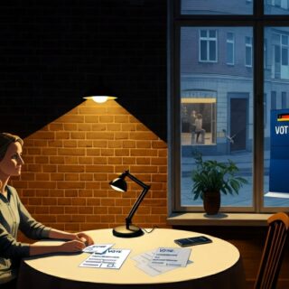 Eine Person sitzt an einem Tisch in ihrem gemütlichen Zuhause und füllt konzentriert einen Briefwahlzettel aus. Durch das Fenster im Hintergrund ist eine traditionelle Wahlkabine in einem Wahllokal zu sehen, die an die klassische Art der Stimmabgabe erinnert.