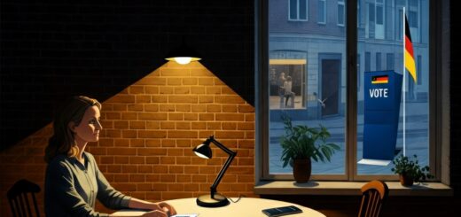 Eine Person sitzt an einem Tisch in ihrem gemütlichen Zuhause und füllt konzentriert einen Briefwahlzettel aus. Durch das Fenster im Hintergrund ist eine traditionelle Wahlkabine in einem Wahllokal zu sehen, die an die klassische Art der Stimmabgabe erinnert.