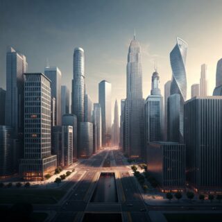 Moderne Großstadt mit Hochhäusern und Straßen in amerikanischen Stil.