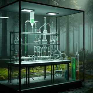 Ein modernes Chemielabor in einem unberührten Wald, das die Verbindung zwischen PFAS-Chemikalien und der Natur zeigt.