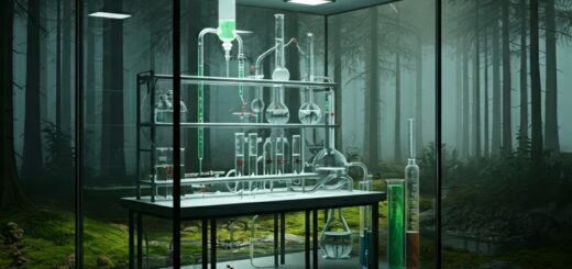 Ein modernes Chemielabor in einem unberührten Wald, das die Verbindung zwischen PFAS-Chemikalien und der Natur zeigt.