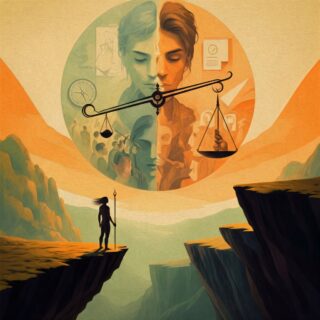 Person mit Waage auf einer Klippe, symbolisiert Balance zwischen sozialer Gerechtigkeit und gesellschaftlichem Zusammenhalt.