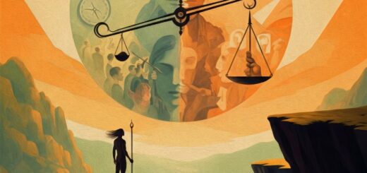 Person mit Waage auf einer Klippe, symbolisiert Balance zwischen sozialer Gerechtigkeit und gesellschaftlichem Zusammenhalt.