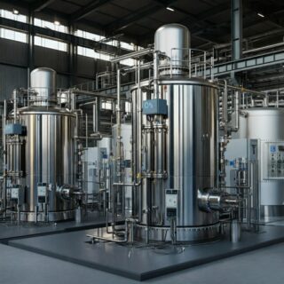 Ein realistisches Bild einer hochmodernen Industrieanlage zur Produktion von Wasserstoff, die mit Elektrolyseuren ausgestattet ist, unter einem klaren blauen Himmel, das den modernen Charakter und die technologische Zukunftsorientierung des Projekts unterstreicht.