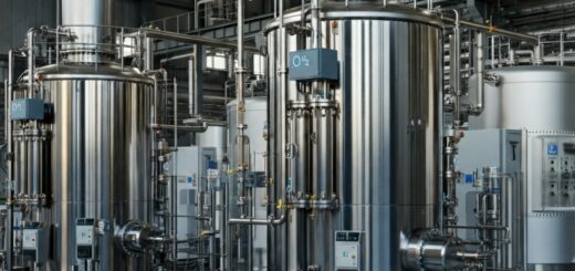 Ein realistisches Bild einer hochmodernen Industrieanlage zur Produktion von Wasserstoff, die mit Elektrolyseuren ausgestattet ist, unter einem klaren blauen Himmel, das den modernen Charakter und die technologische Zukunftsorientierung des Projekts unterstreicht.