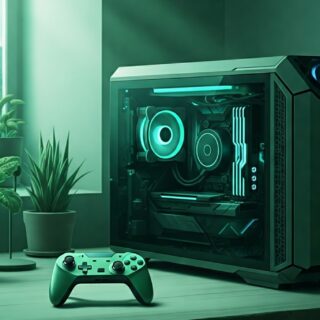 Modernes Gaming-Setup mit energieeffizientem PC und Game-Controller auf einem nachhaltigen Schreibtisch, umgeben von Pflanzen, mit Blick auf eine grüne Naturkulisse.