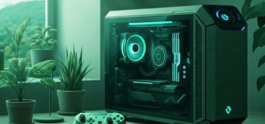 Modernes Gaming-Setup mit energieeffizientem PC und Game-Controller auf einem nachhaltigen Schreibtisch, umgeben von Pflanzen, mit Blick auf eine grüne Naturkulisse.