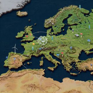 Diese 3D-Karte zeigt die vielfältigen Industrien, erneuerbaren Energien und KI-Anwendungen in Europa. Die verschiedenen Industrien sind durch unterschiedliche Farben und Symbole dargestellt, während die erneuerbaren Energien durch Windturbinen, Solaranlagen und Wasserkraftwerke dargestellt werden. Die KI-Anwendungen sind durch künstliche Intelligenz-Symbole dargestellt, die über die Karte verteilt sind.