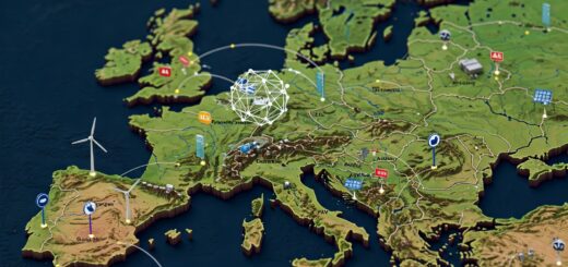 Diese 3D-Karte zeigt die vielfältigen Industrien, erneuerbaren Energien und KI-Anwendungen in Europa. Die verschiedenen Industrien sind durch unterschiedliche Farben und Symbole dargestellt, während die erneuerbaren Energien durch Windturbinen, Solaranlagen und Wasserkraftwerke dargestellt werden. Die KI-Anwendungen sind durch künstliche Intelligenz-Symbole dargestellt, die über die Karte verteilt sind.