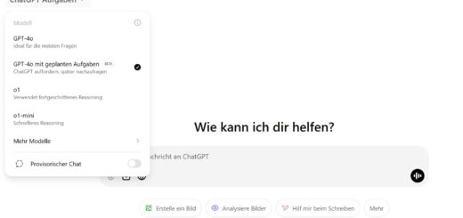 Ein Screenshot zeigt die ChatGPT-Benutzeroberfläche. Links oben ist ein Dropdown-Menü mit dem Titel "ChatGPT Aufgaben" geöffnet. Es sind verschiedene Modelloptionen sichtbar: "GPT-4", "GPT-4o mit geplanten Aufgaben (Beta)", "o1", und "o1-mini". "GPT-4o mit geplanten Aufgaben" ist ausgewählt. Unten sind Optionen wie "Erstelle ein Bild", "Analysiere Bilder" und "Hilf mir beim Schreiben" sichtbar. Rechts ist die Eingabeleiste mit der Frage "Wie kann ich dir helfen?" zu sehen.